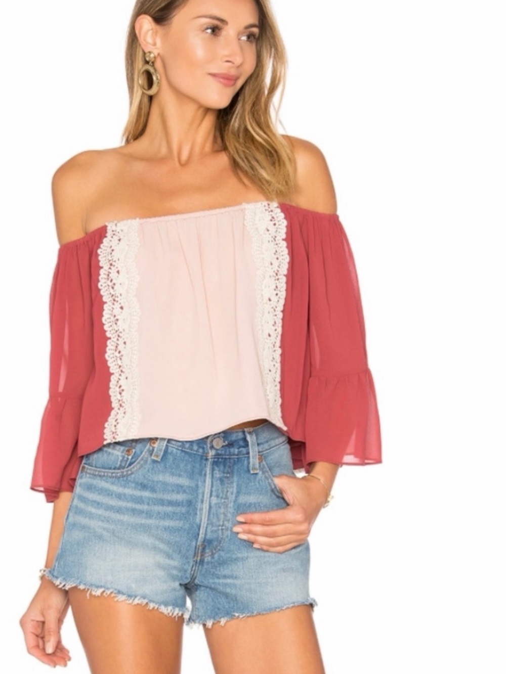 NWT Tularosa Off-Shoulder Two-Tone Lace Trim Top in Dusty Rose/ Alexa top